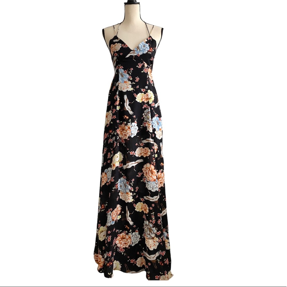 Lavoosh Open Back Sleeveless V neck Floral Print Front Open Slits Maxi Dress